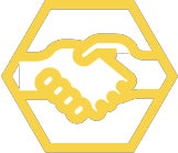 Handshake icon inside a yellow hexagon used to represent established alliances.