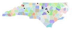 County map of NC with dots denoting clinic locations.