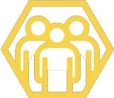 Icon representing specialized expertise, three people inside a yellow hexagon.