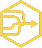 Icon representing streamlined approach, four merging paths inside a yellow hexagon.